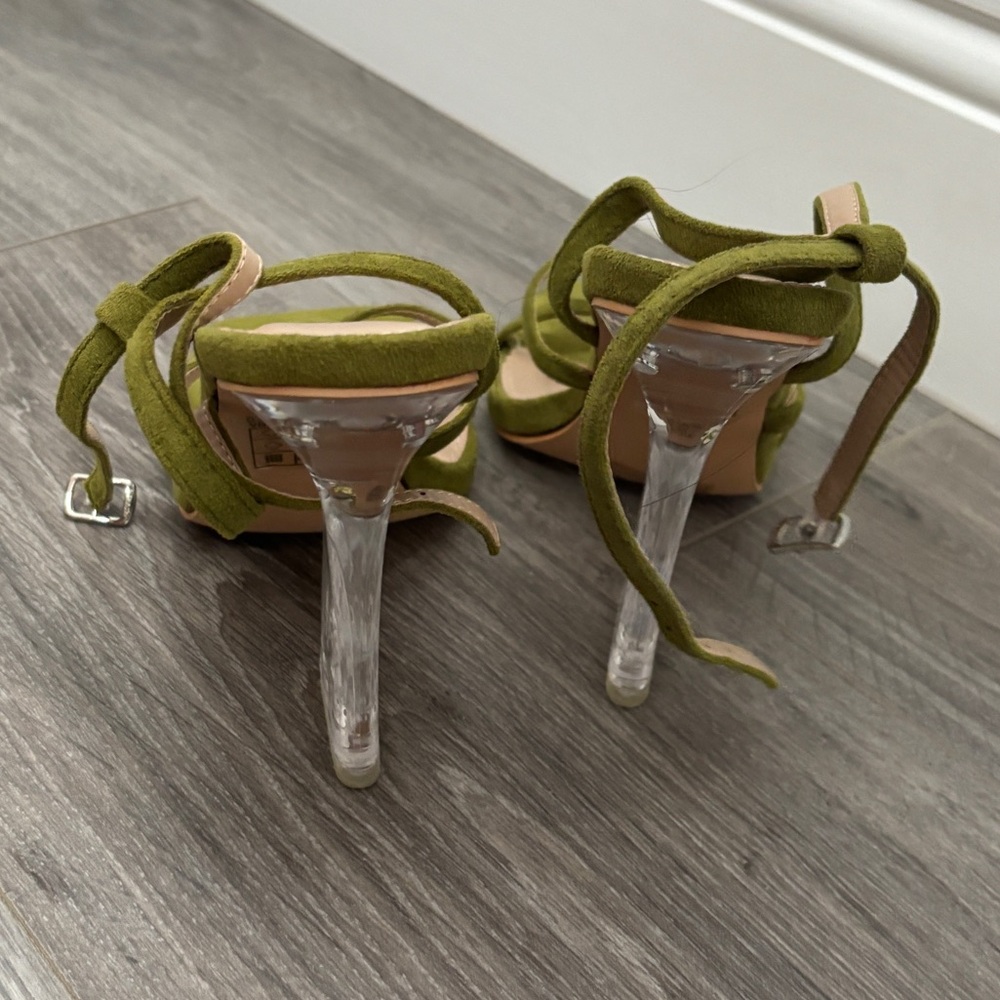 Fashion Nova Olive Green Strappy Heels | Square Toe Clear Heel Sandals - Picture 7 of 8
